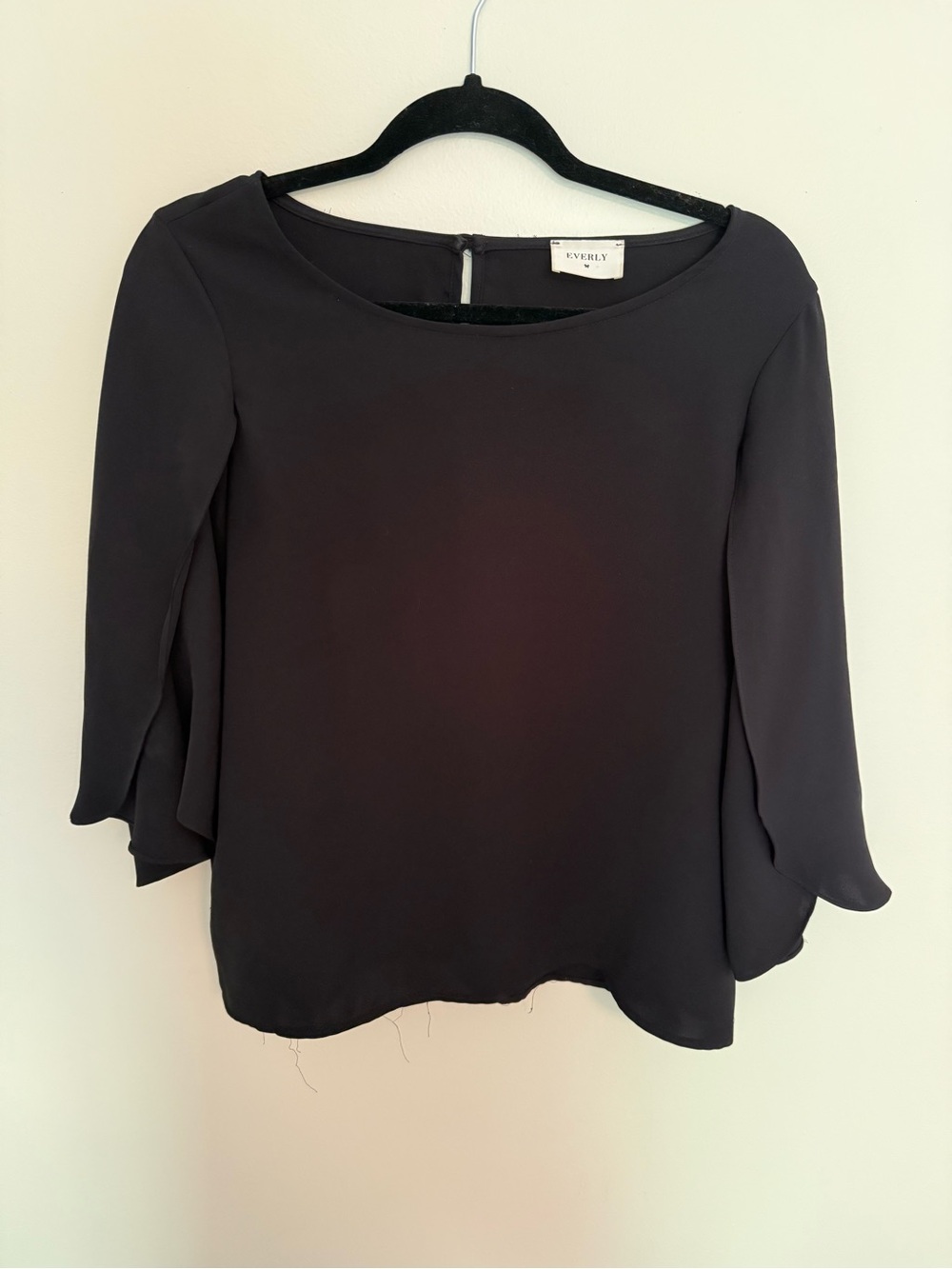 Everly Black Scoop Neck Blouse with Fluted Sleeves